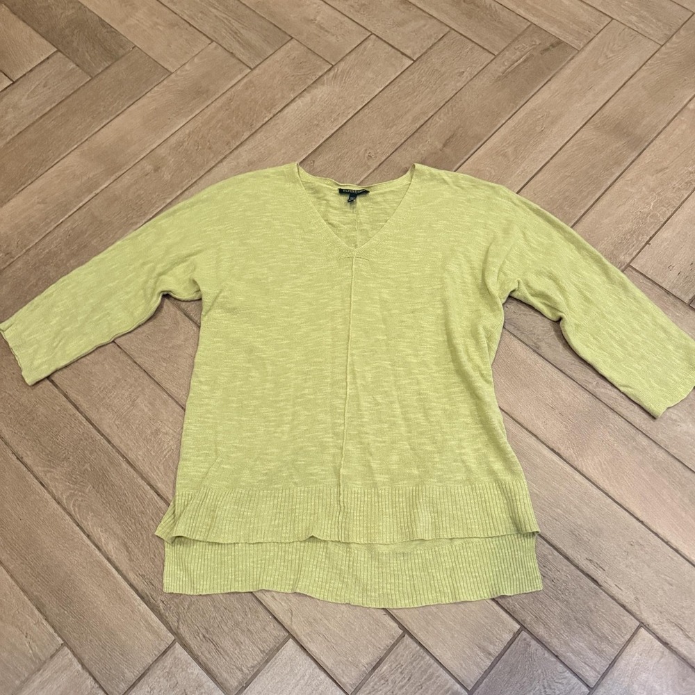 Eileen Fisher Tunic Sweater Womens Petite Small Green Linen Cotton 3/4 Sleeve